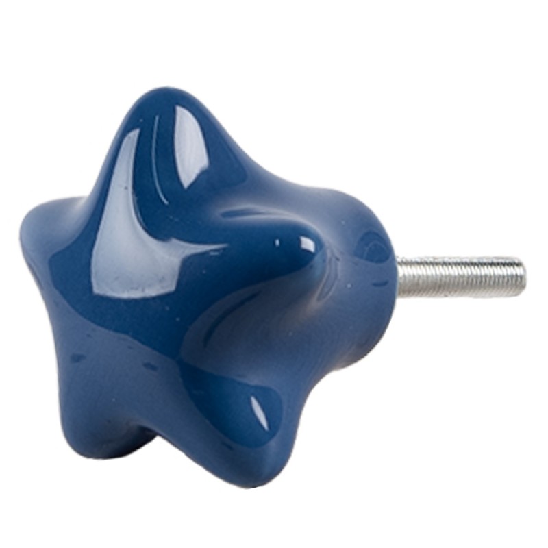 Clayre & Eef Door Knob Set of 4 Star Ø 4 cm Blue Ceramic