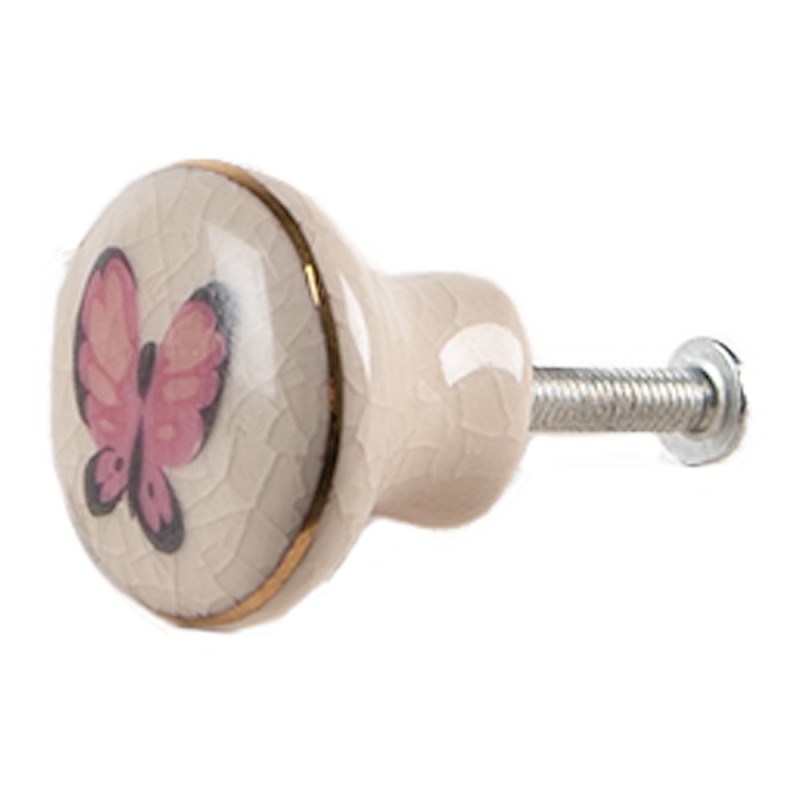 Clayre & Eef Door Knob Set of 4 Ø 3 cm Pink Beige Ceramic Butterfly