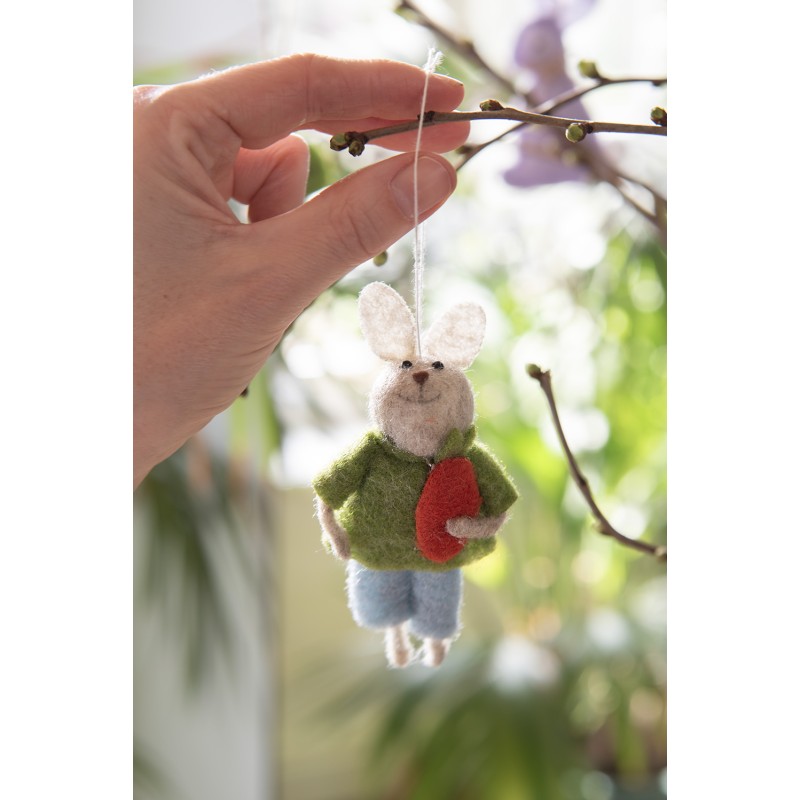 Clayre & Eef Osteranhänger Kaninchen 11 cm Grün Stoff