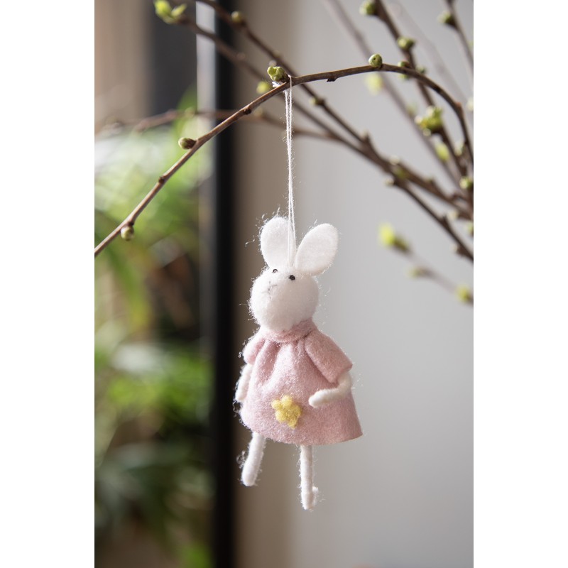 Clayre & Eef Pendentif de Pâques Lapin 13 cm Rose Tissu