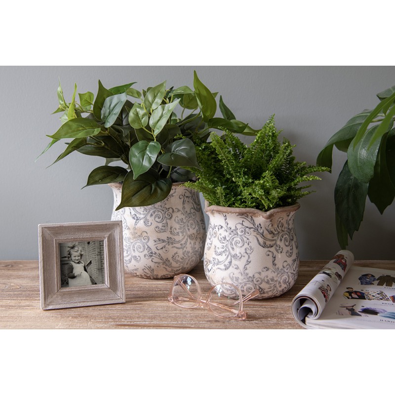 Clayre & Eef Bloempot  Ø 15x14 cm Beige Grijs Keramiek Rond Bloemen