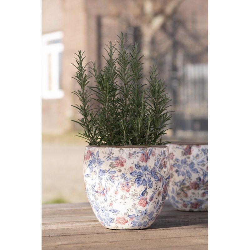 Clayre & Eef Pot de fleurs Ø 18x17 cm Bleu Beige Céramique Rond Fleurs