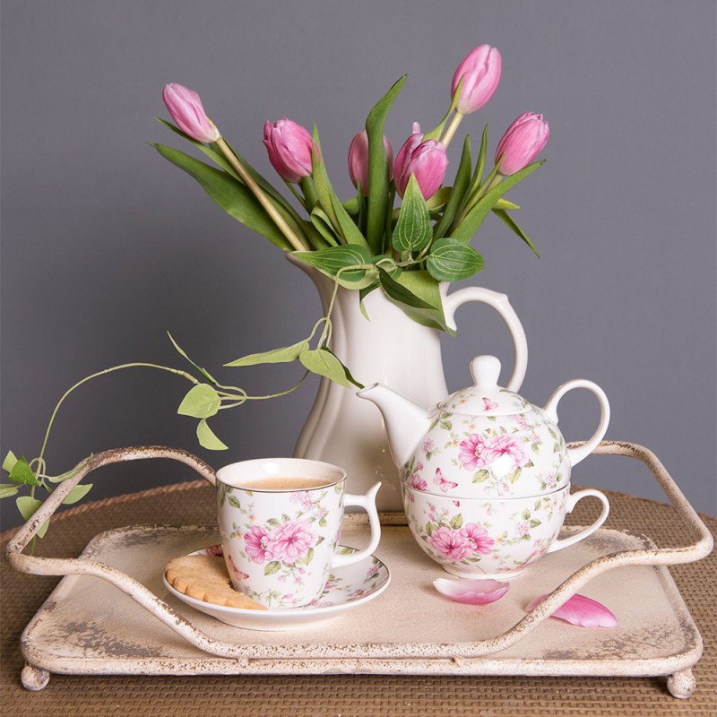 Clayre & Eef Tasse et soucoupe 160 ml Rose Blanc Porcelaine Fleurs