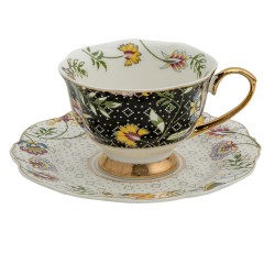 Clayre & Eef Tazza e piattino 200 ml Bianco Nero Porcellana Rotondo Fiori
