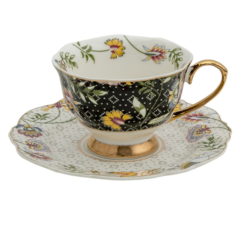 Clayre & Eef Tazza e piattino 200 ml Bianco Nero Porcellana Rotondo Fiori