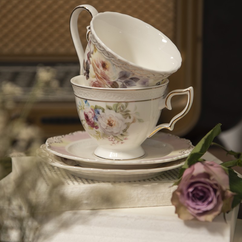 Clayre & Eef Tazza e piattino 200 ml Bianco Porcellana Rotondo Fiori