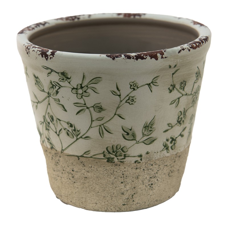 Clayre & Eef Planter Ø 12x10 cm Green White Ceramic Round Leaves
