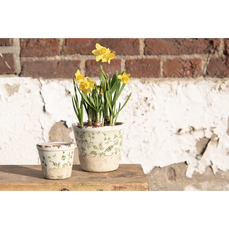 Clayre & Eef Planter Ø 12x10 cm Green White Ceramic Round Leaves