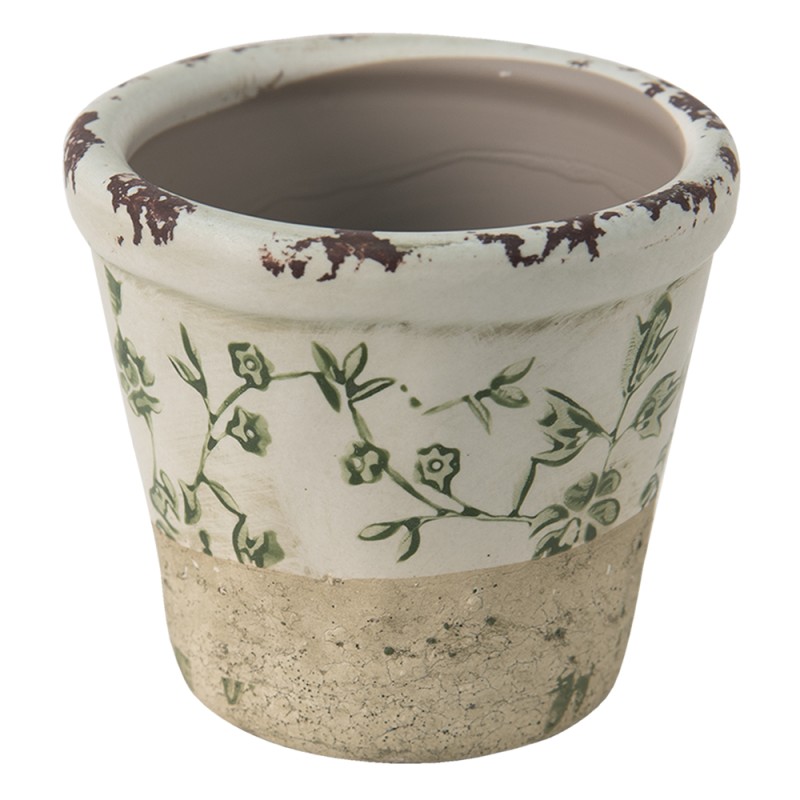 Clayre & Eef Planter Ø 8x7 cm Green White Ceramic Round Leaves