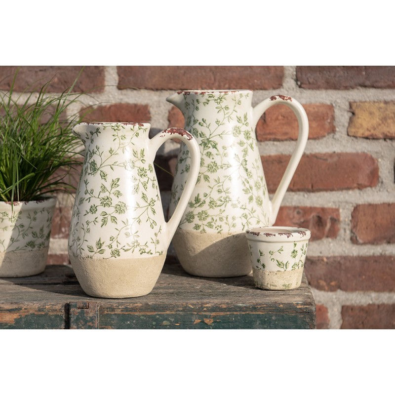 Clayre & Eef Planter Ø 8x7 cm Green White Ceramic Round Leaves