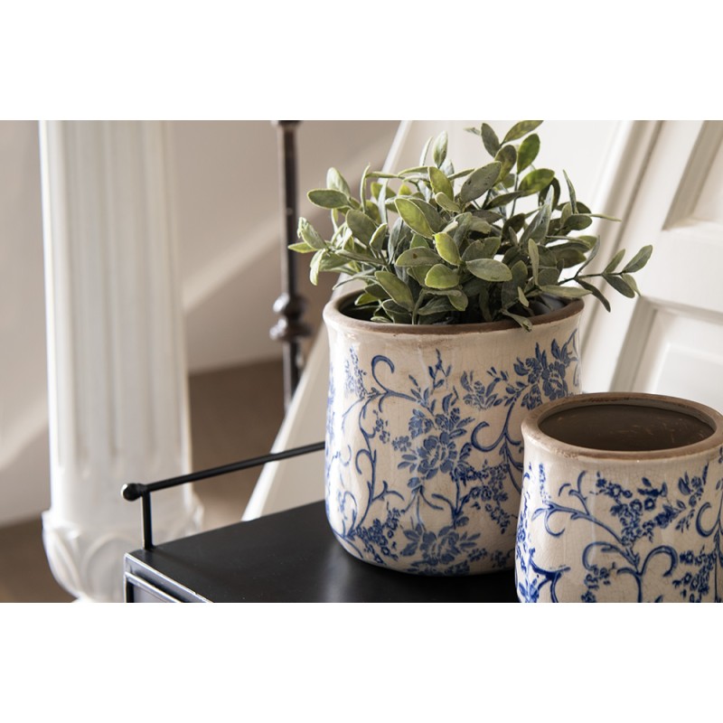 Clayre & Eef Planter Ø 12x11 cm Blue White Ceramic Round Flowers