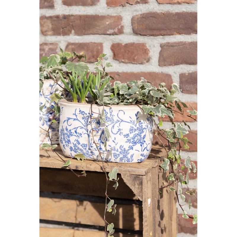 Clayre & Eef Planter 17x9x10 cm Blue White Ceramic Flowers