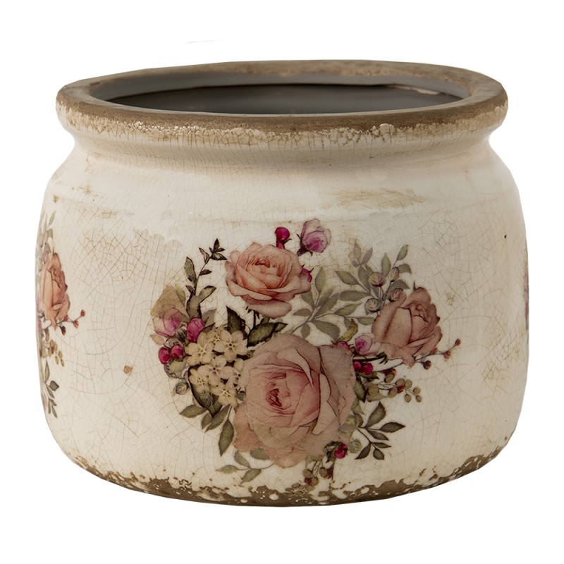 Clayre & Eef Bloempot  Ø 14x12 cm Roze Beige Keramiek Rond Bloemen