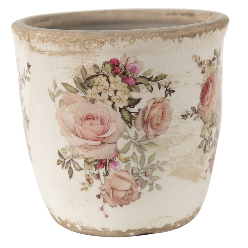 Clayre & Eef Pot de fleurs Ø 14x13 cm Rose Beige Céramique Rond Fleurs