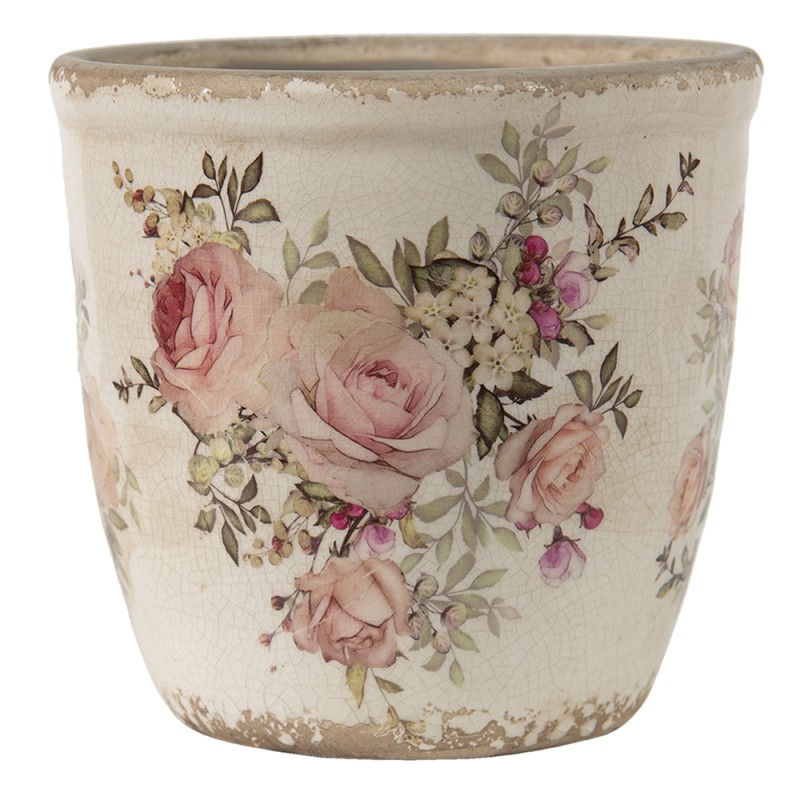Clayre & Eef Bloempot  Ø 12x12 cm Roze Beige Keramiek Rond Bloemen