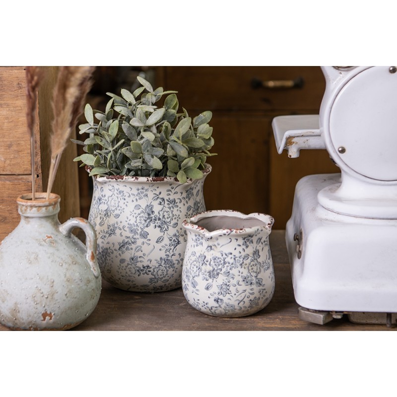 Clayre & Eef Bloempot  Ø 17x16 cm Grijs Beige Keramiek Bloemen