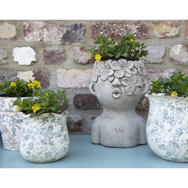 Clayre & Eef Bloempot  Ø 17x16 cm Grijs Beige Keramiek Bloemen