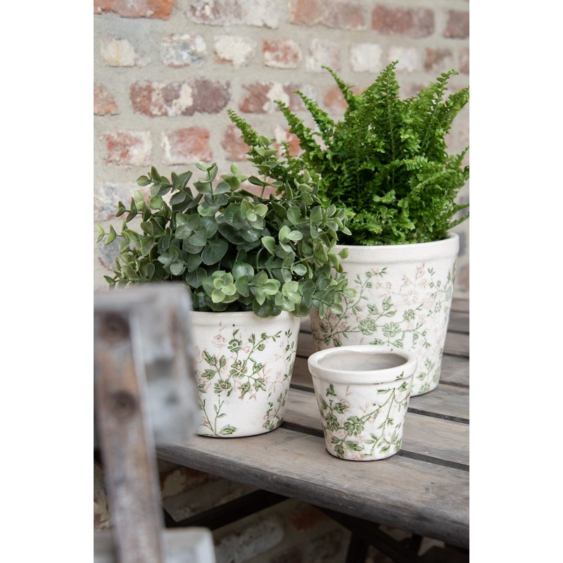 Clayre & Eef Pot de fleurs Ø 12x10 cm Vert Beige Céramique Fleurs