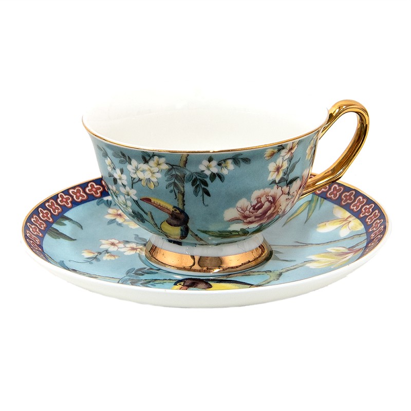 Clayre & Eef Cup and Saucer 200 ml Blue Gold colored Porcelain Birds
