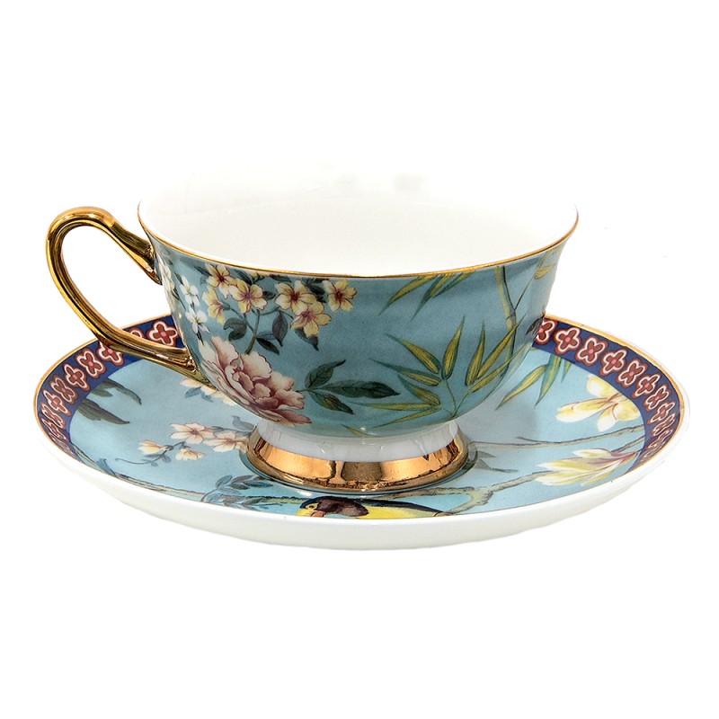 Clayre & Eef Cup and Saucer 200 ml Blue Gold colored Porcelain Birds