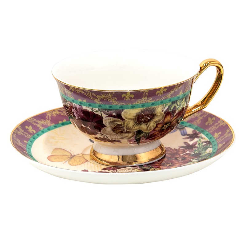 Clayre & Eef Tasse mit Untertasse 200 ml Violett Porzellan Schmetterling