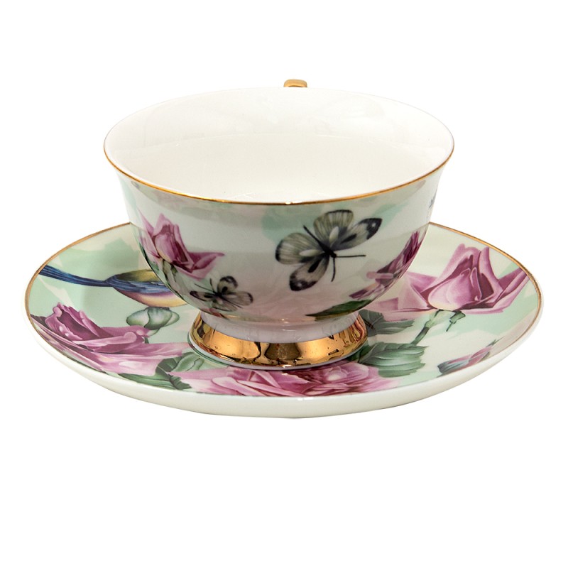 Clayre & Eef Tasse mit Untertasse 200 ml Grün Porzellan Blumen