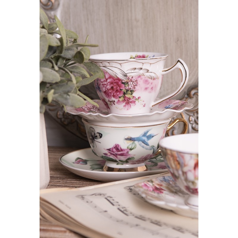 Clayre & Eef Tasse mit Untertasse 200 ml Grün Porzellan Blumen