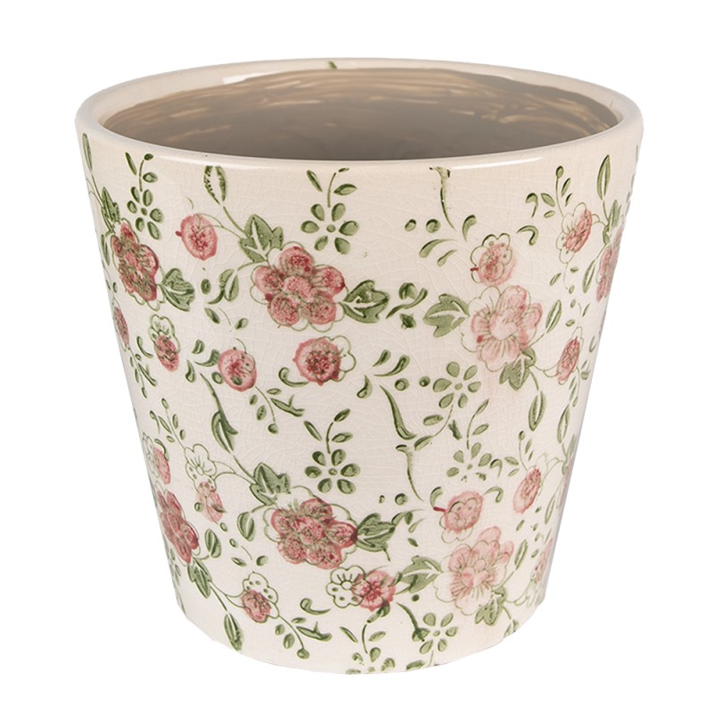 Clayre & Eef Bloempot  Ø 12x10 cm Roze Beige Keramiek Bloemen