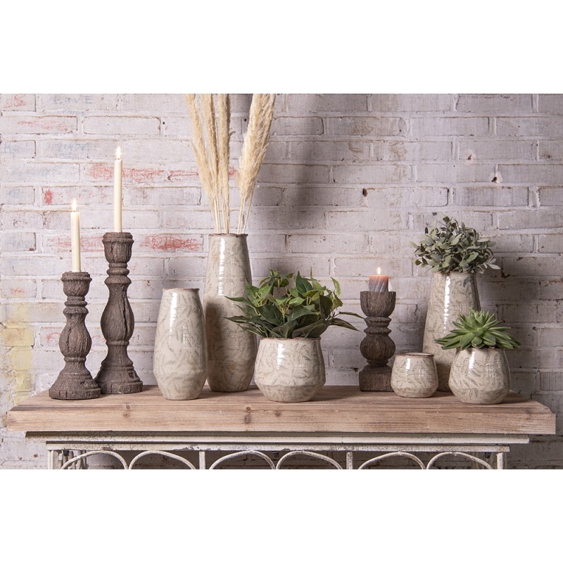 Clayre & Eef Bloempot  Ø 14x13 cm Groen Beige Keramiek Bladeren