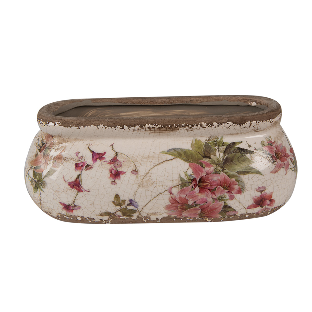 Clayre & Eef Bloempot 18x8x7 cm Roze Beige Keramiek Bloemen afbeelding 1