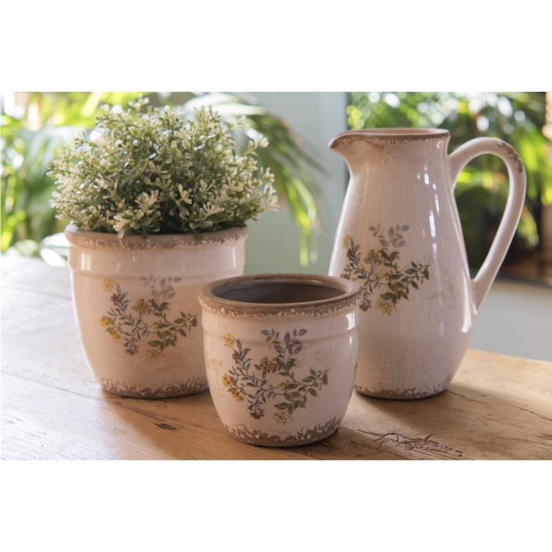 Clayre & Eef Bloempot  Ø 16x14 cm Beige Geel Keramiek Bloemen