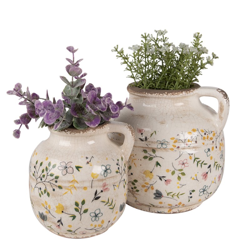 Clayre & Eef Decoration can Ø 17x16 cm Beige Yellow Ceramic Flowers