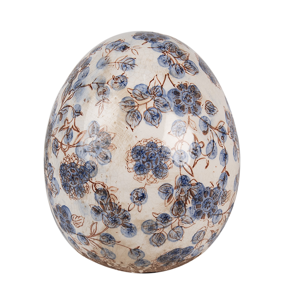Clayre & Eef Decoratie Ei Ø 14x16 cm Beige Blauw Keramiek Bloemen afbeelding 1