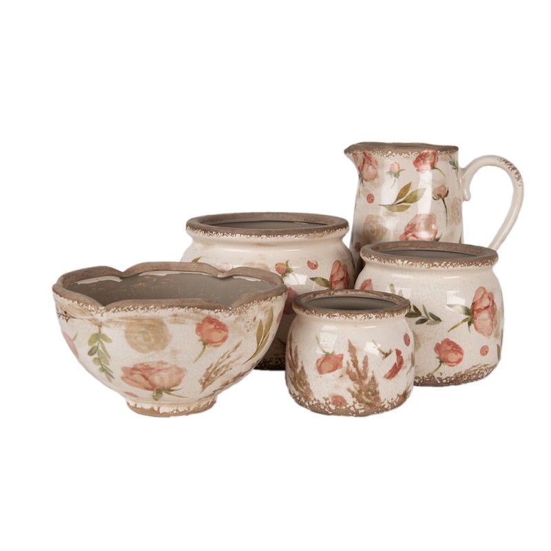 Clayre & Eef Bloempot  Ø 16x9 cm Beige Roze Keramiek Bloemen