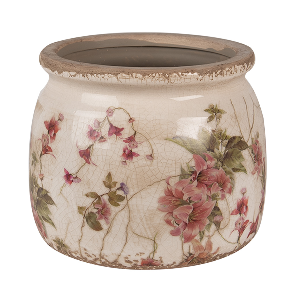 Clayre & Eef Bloempot Ø 12x10 cm Beige Roze Keramiek Bloemen afbeelding 1