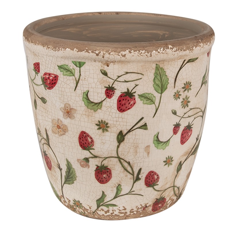 Clayre & Eef Blumentopf Ø 16x16 cm Beige Rot Keramik Erdbeeren