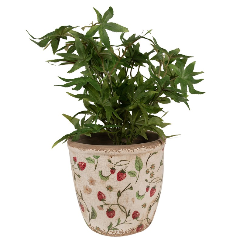 Clayre & Eef Blumentopf Ø 16x16 cm Beige Rot Keramik Erdbeeren