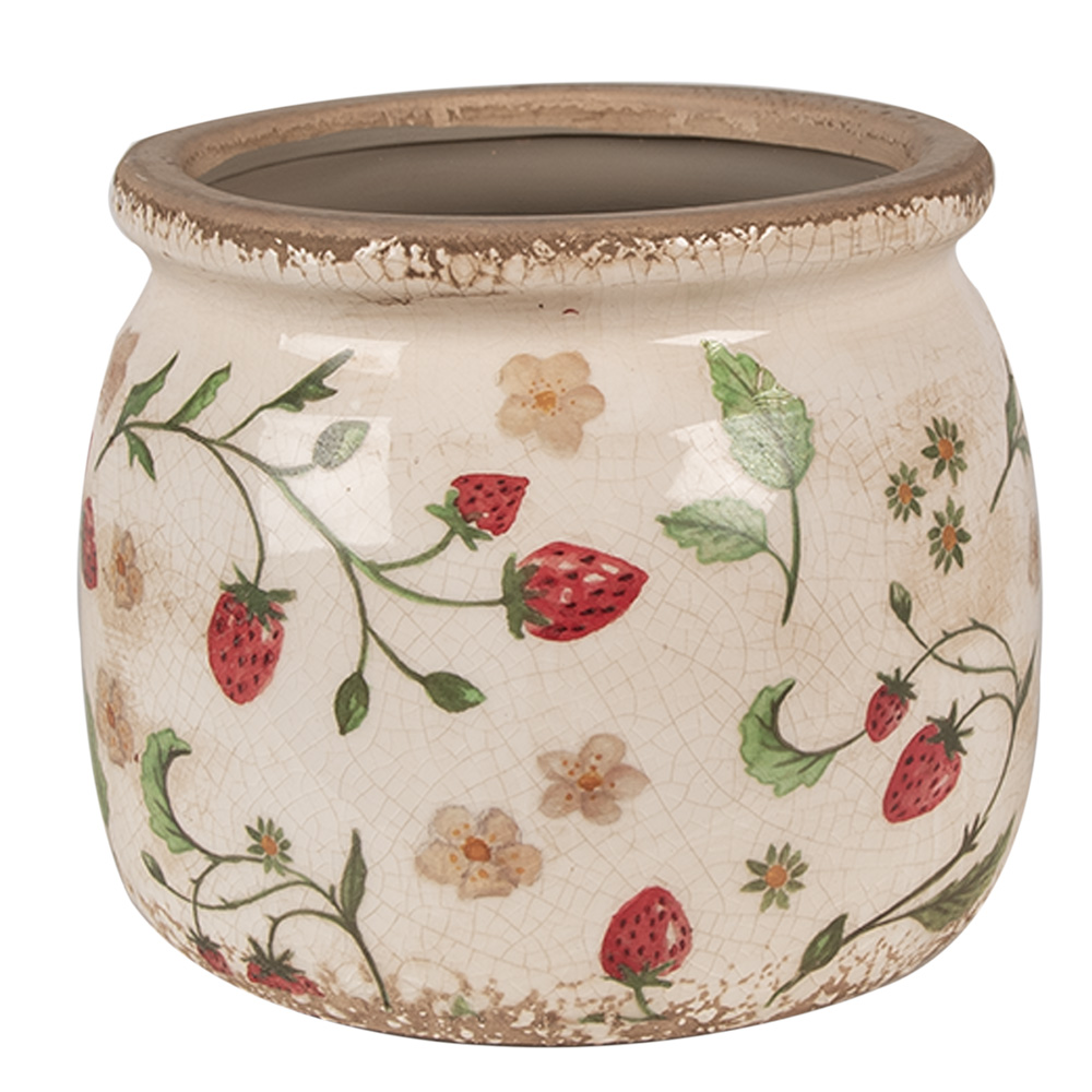 Clayre&Eef BloempotØ 16x13 cm Beige Rood Keramiek Aardbeien afbeelding