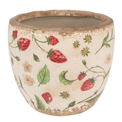 Clayre & Eef Blumentopf Ø 13x11 cm Beige Rot Keramik Erdbeeren