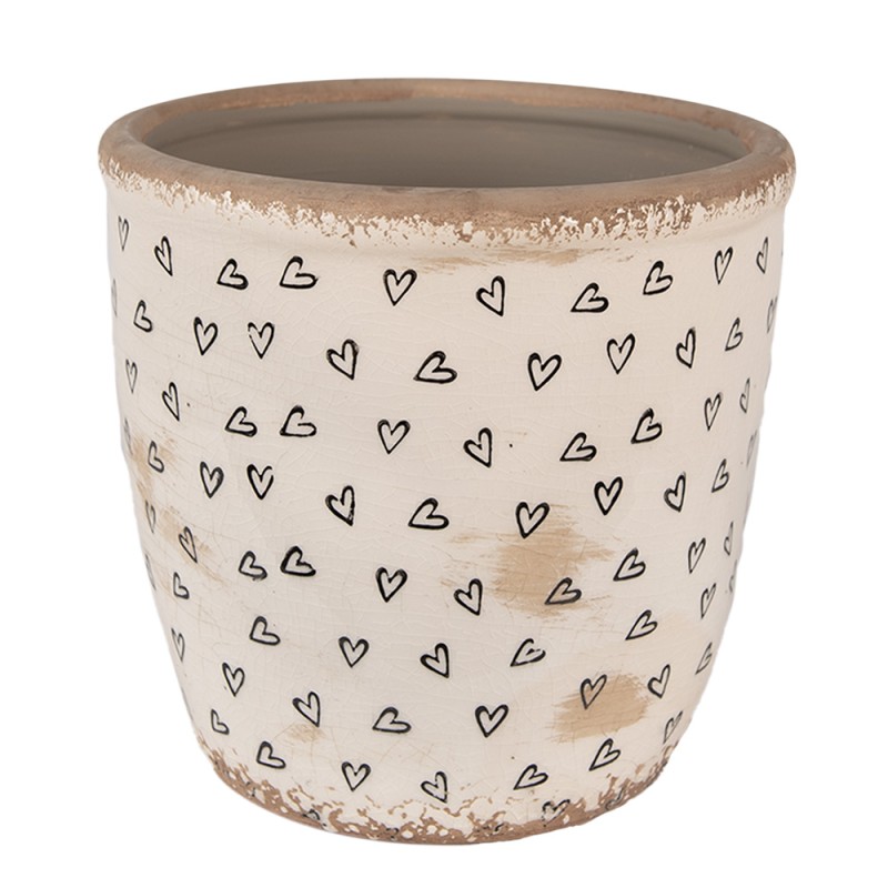 Clayre & Eef Blumentopf Ø 16x16 cm Beige Schwarz Keramik Herzen