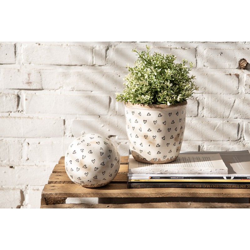 Clayre & Eef Bloempot  Ø 14x13 cm Beige Zwart Keramiek Hartjes