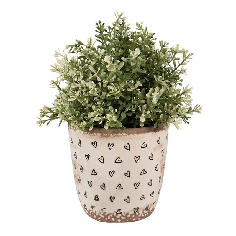 Clayre & Eef Bloempot  Ø 13x12 cm Beige Zwart Keramiek Hartjes