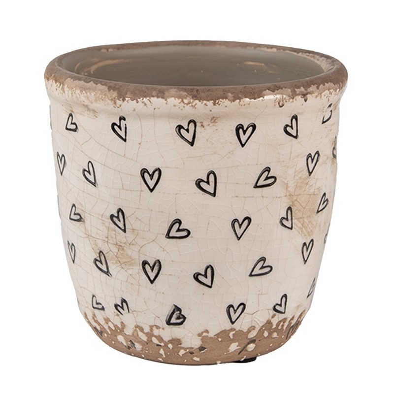 Clayre & Eef Bloempot  Ø 11x11 cm Beige Zwart Keramiek Hartjes