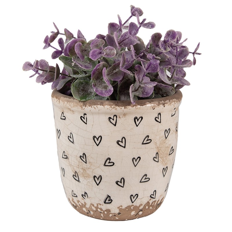 Clayre & Eef Bloempot  Ø 11x11 cm Beige Zwart Keramiek Hartjes