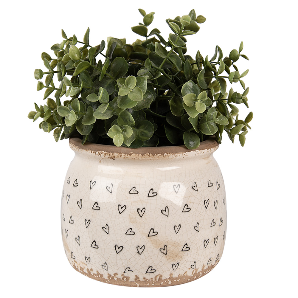 Bloempot Ø 16X13 Cm Beige Zwart Keramiek Hartjes-image