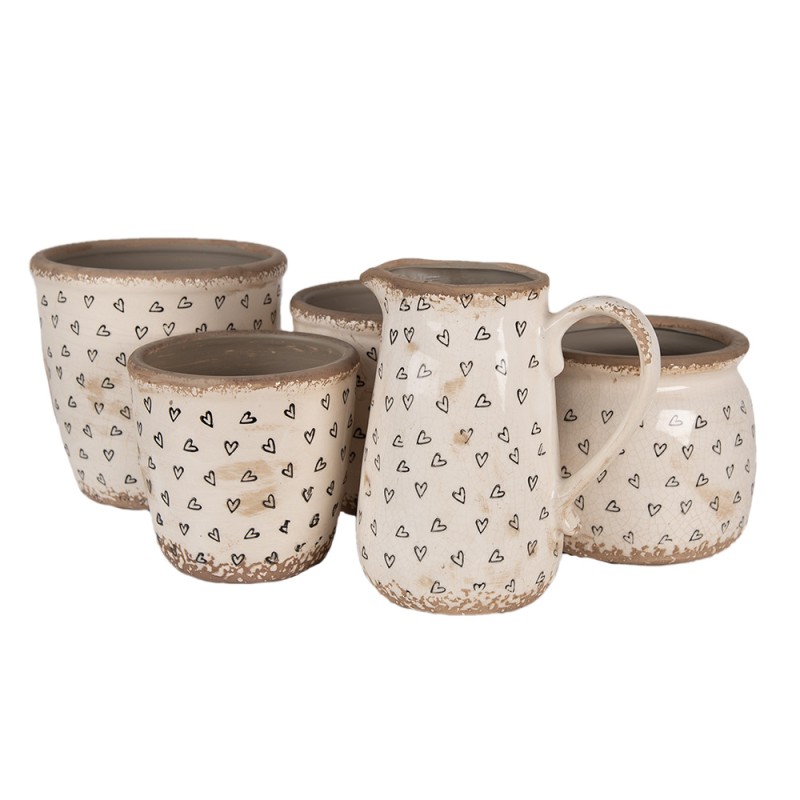 Clayre & Eef Fioriera Ø 12x10 cm Beige Nero Ceramica Cuoricini
