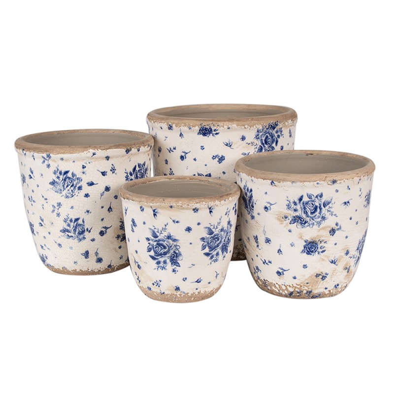 Clayre & Eef Blumentopf Ø 16x16 cm Beige Blau Keramik Rosen
