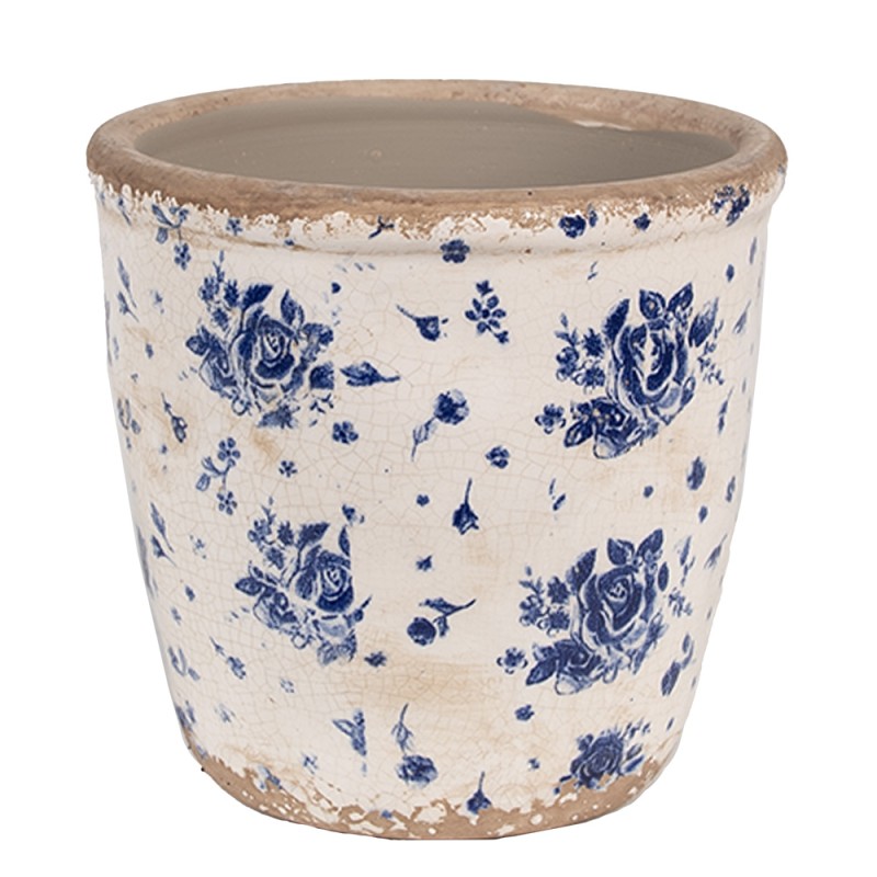 Clayre & Eef Pot de fleurs d'intérieur Ø 15x14 cm Beige Bleu Céramique Roses