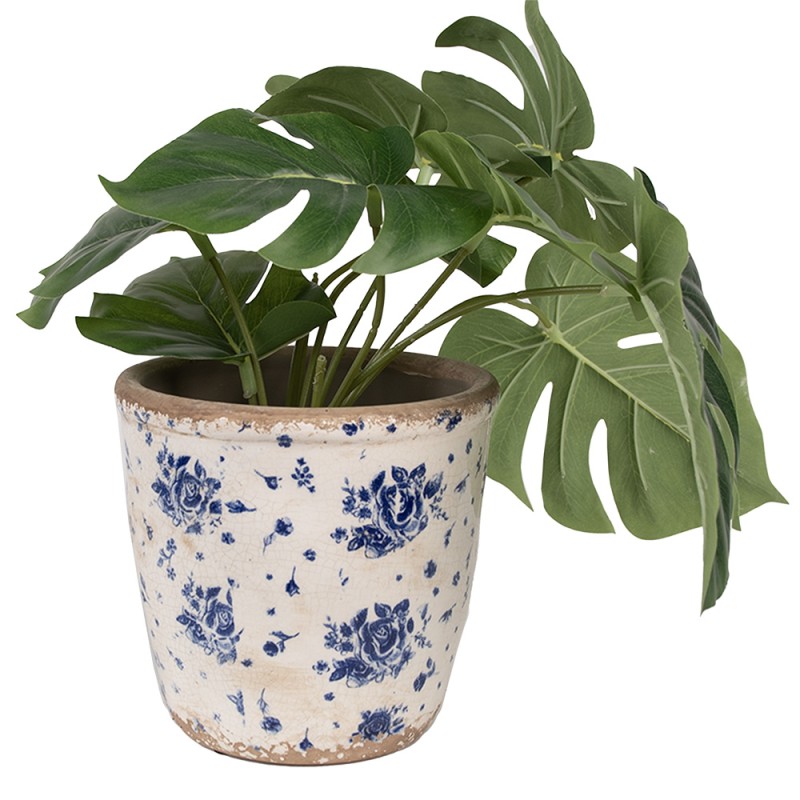Clayre & Eef Pot de fleurs d'intérieur Ø 15x14 cm Beige Bleu Céramique Roses
