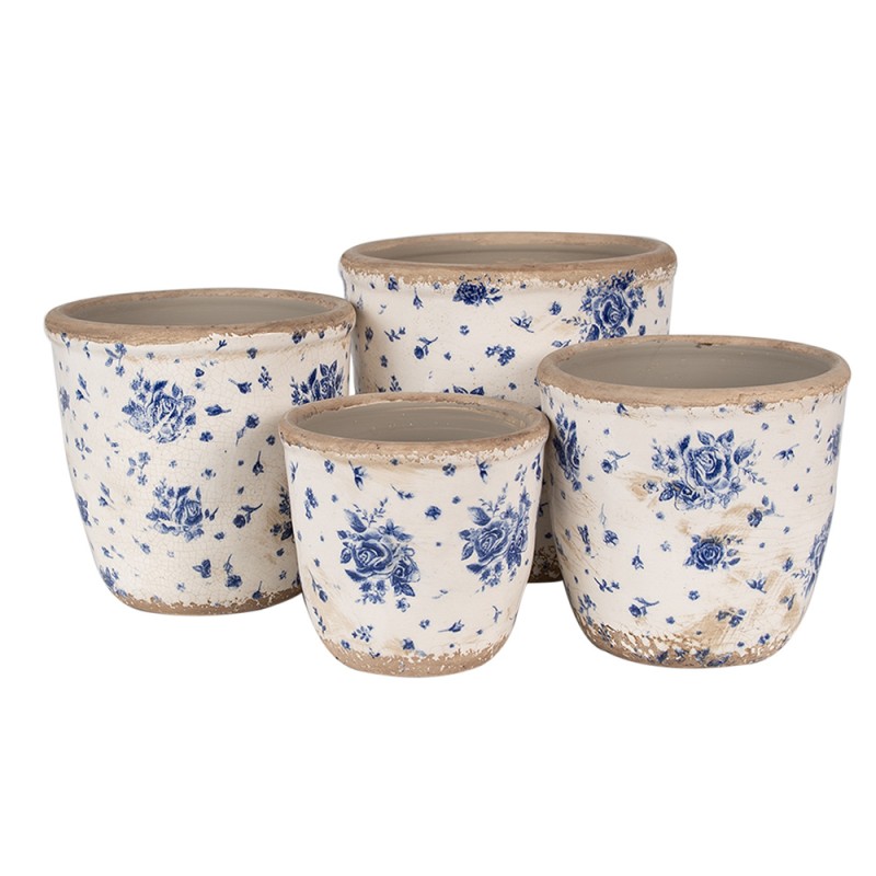 Clayre & Eef Pot de fleurs d'intérieur Ø 15x14 cm Beige Bleu Céramique Roses